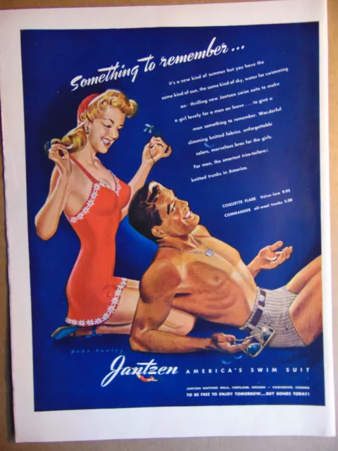 1943 JANTZEN SWIM SUITS Happy Guy and Gal print ad