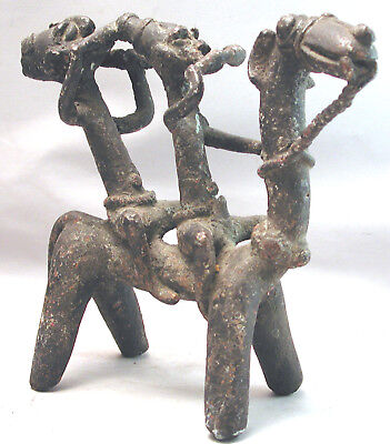 Equestrian Horse Figure Dogon Art Currency Metal 2-Horsemen Bronze Statue Mali