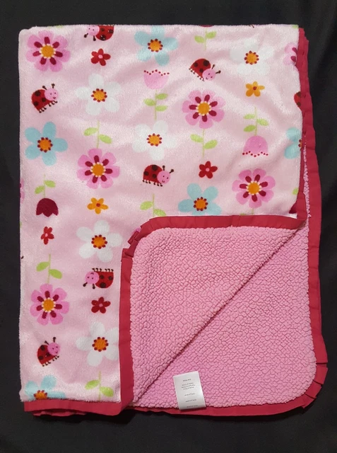 Carters Kids Line Baby Blanket Pink Flowers Lady Bugs Ruffle Trim Sherpa Girls