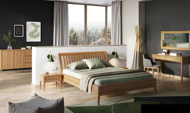 Lit Chambre à Coucher Double Lits 3tlg. Set 2x Nachttische Bois Massif Véritable