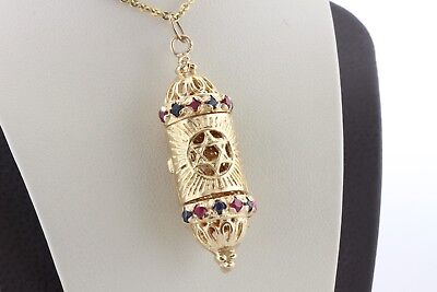 14K Yellow Gold Sapphire & Ruby Design Jewish Star Torah Charm Pendant - Opens