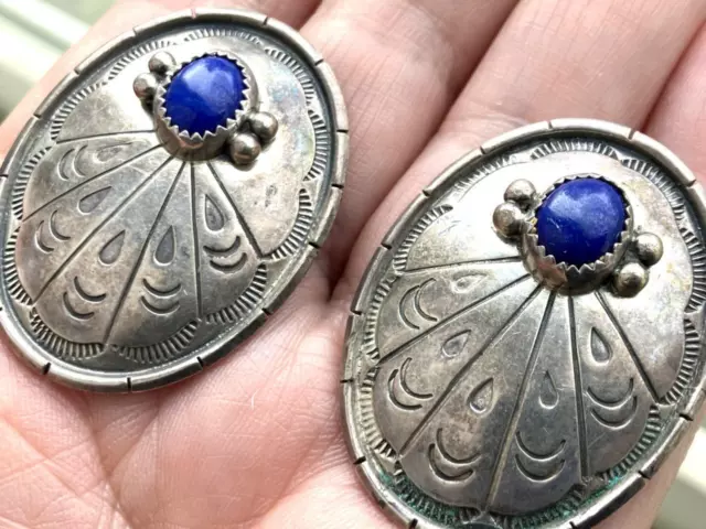 Beautiful Old Pawn Sterling Lapis Large Concho Earrings Signed