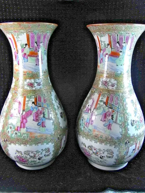 Ancienne Grande Paire De Vases Porcelaine Emaille Canton Chine Chinese Asiatique 2