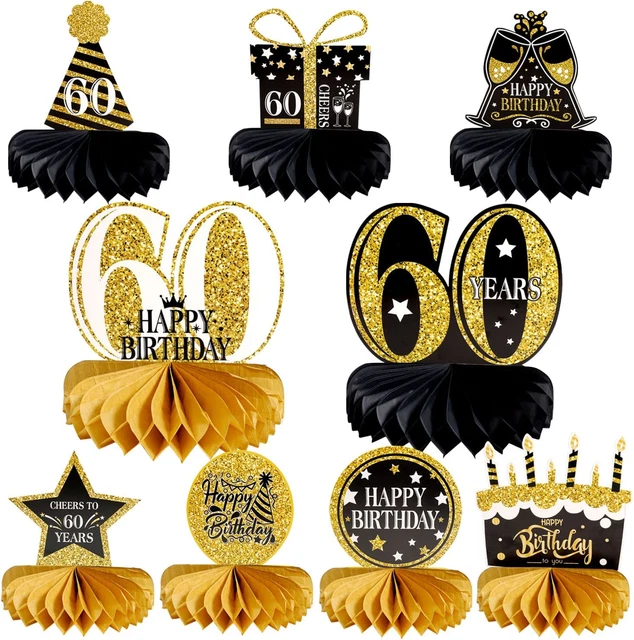 9 Piezas Decoración de 60 Cumpleaños, Centros de Panal Felicitaciones a 60 Años por