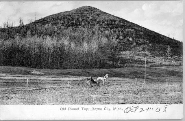 Boyne City Michigan RPPC Postcard c1908 Old Round Top Hill Horse & Buggy Vtg.