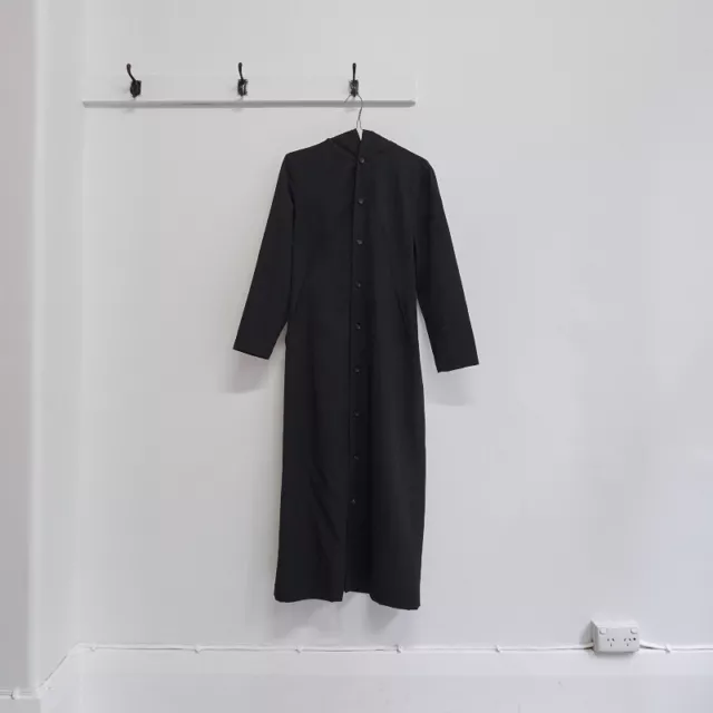 TRICOT COMME DES GARCONS 1992 black wool gabardine square hood maxi dress M S