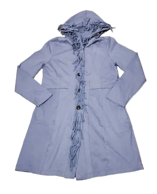 Neon Buddha Fringe Hooded Jacket Coat Button Front Pockets Blue Gray Women Med
