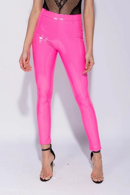 Sexy Skinny Shiny Pvc Vinyl Patent Pantaloni Lucido Rosa Neon  Pink O Rosso