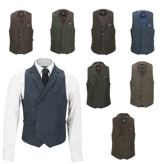Mens Tweed Waistcoat Vintage Collar Double Breasted Smart Tailored Fit Suit Vest
