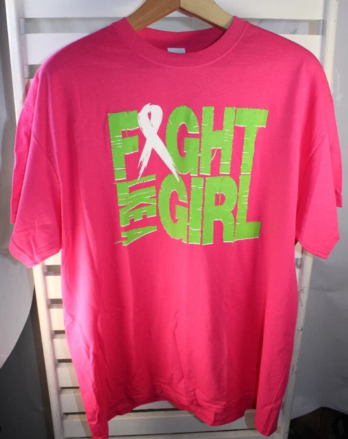 Gildan XL Fight Like A Girl Deep Pink Lime Green Cotton Crew Neck T Shirt Tee