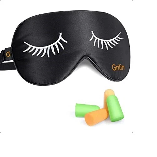 Schlafmaske aus Seide Gritin Lichtblockierende Augen/Nachtmaske mit Ohrstöpseln