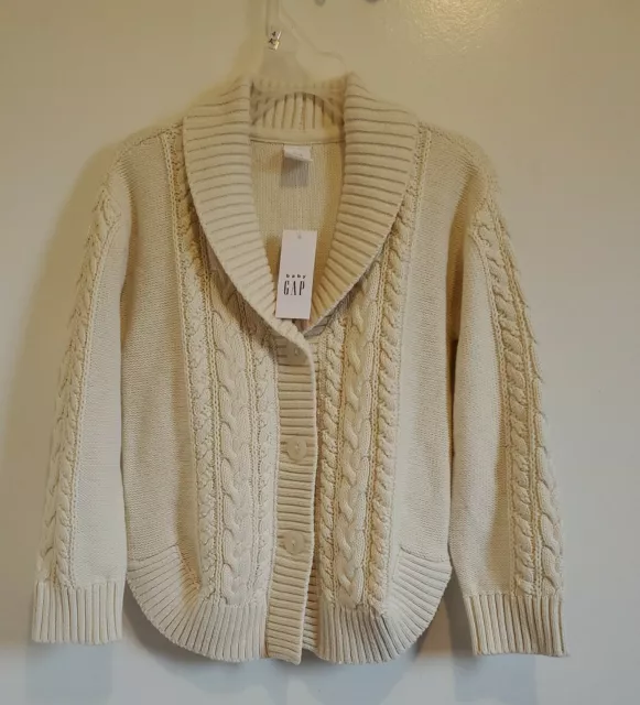 BABY GAP Long Sleeve Cable Knit Cardigan Sweater, Toddler 5 Years, Beige, New.