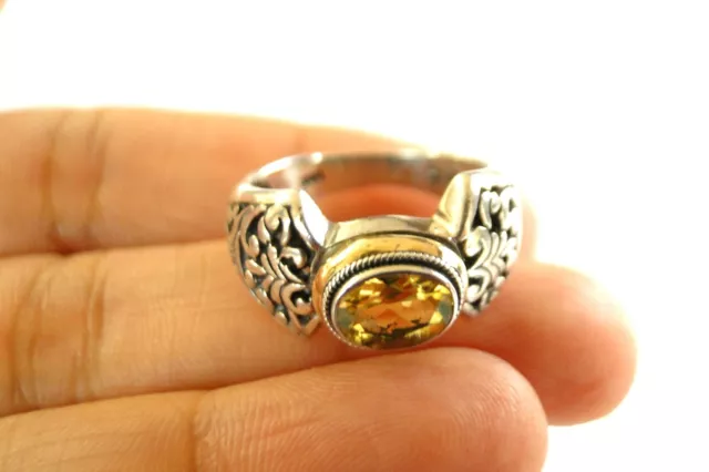 Yellow Citrine Ornate 18 K Gold Accent 925 Sterling Silver Ring Size 6