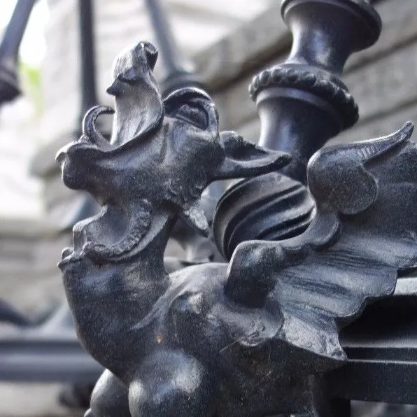 19C French Gothic Bronze/Cast Iron Winged Fantasy Pedestals Dragon/Gargoyle