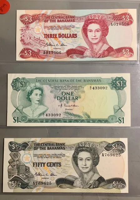 Bahamas 1974 $3 Pk44, $1 & 50C/ Three Beautiful Unc Notes