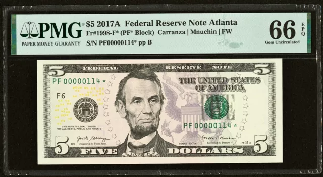 Low Serial Number 00000114* Fr. 1998-F* $5 2017A PMG 66EPQ