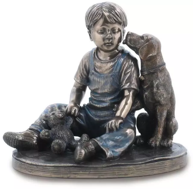 Bronze-Tone Resin Boy With Dog Figurine