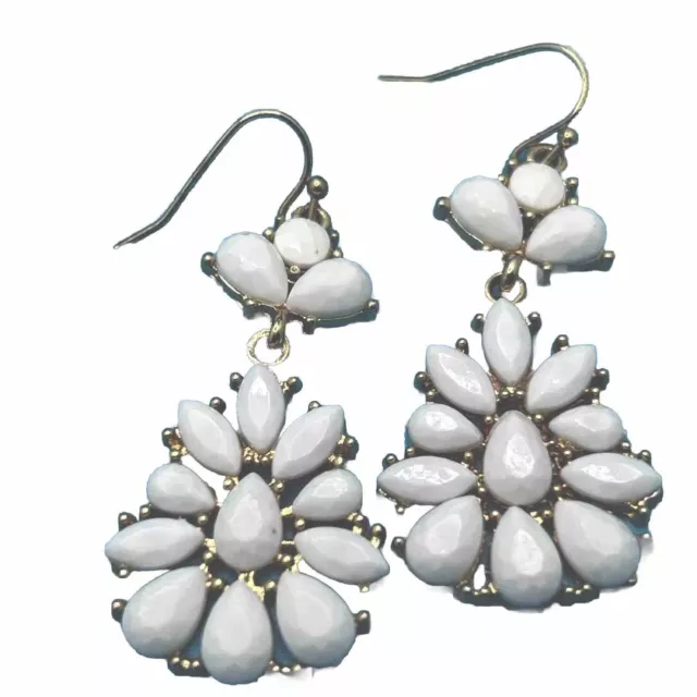 Vintage White Beads & Gold Tone Chandelier Pierced Earrings Stamped N R