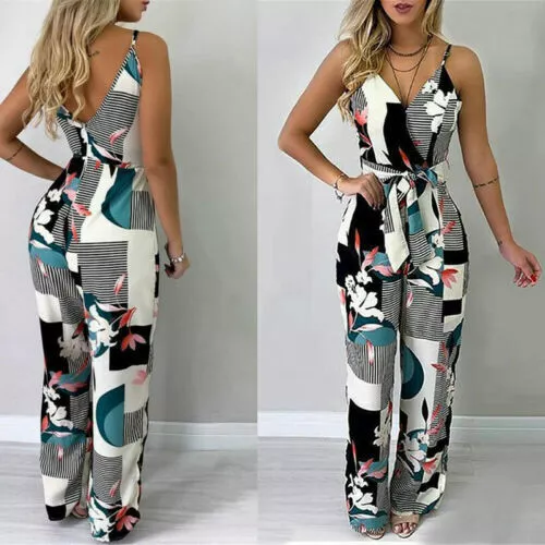Womens Sleeveless Jumpsuit Boho Floral Summer Ladies Holiday Playsuit Rompers