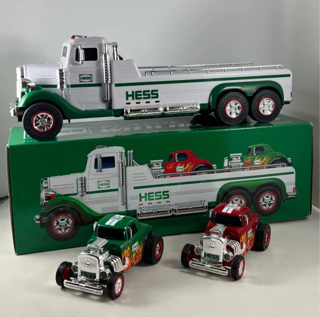 2022 Hess Toy Truck Flatbed Truck With 2 Hot Rods in Box Lights and Sound
