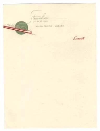 Streamliner City of St Louis Stationery Union Pacific and Wabash Railroads