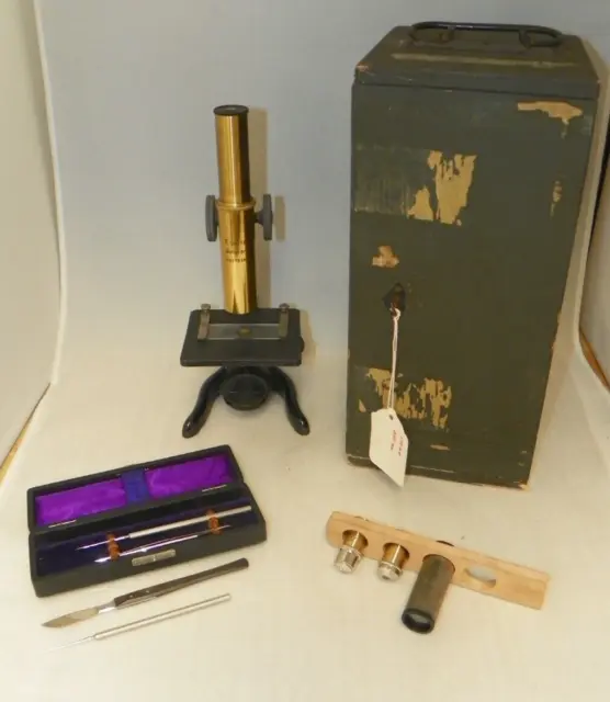 Antique Brass Microscope E. Leitz  Wetzlar Germany  w/Instruments Wood Box Key