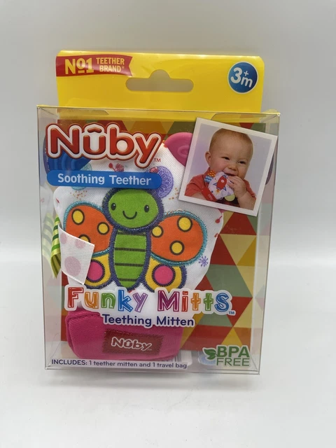 Nuby Soothing Teether Funky Mitts Teething Mitten Hygienic Travel Bag Butterfly