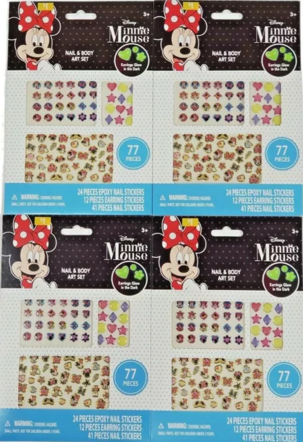 Juego de Arte en Uñas y Cuerpo de Minnie Mouse Pendientes y Pegatinas para Uñas Brillan en la Oscuridad 4 piezas.