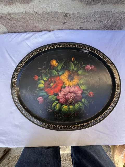 Plateau russe laqué vintage Jostovo – décor floral peint main - Décoration