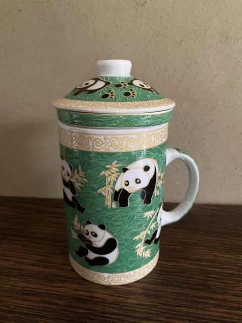 Vintage Panda Bamboo Designed Personal Teapot Infuser Lid Green Porcelain