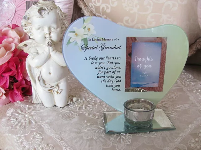 Glass Heart ~ Special Grandad Memorial Photo Frame Tealight Candle Holder 3