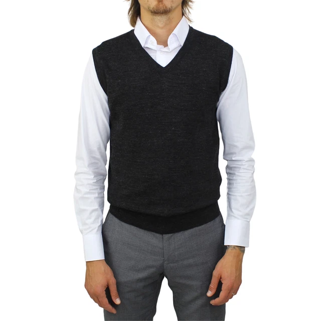 Maglione Uomo Nero Lana Merinos Gilet Scollo a V Maglioncino Smanicato Elegante
