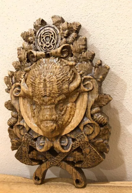 3D Wood carving   buffalo head with axes Wall art Wallpaper Bizon