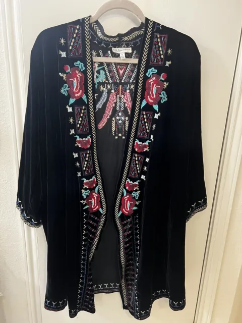 Neiman Marcus Black Velvet Jacket, Embroidered Multicolor Open Front, Size XL