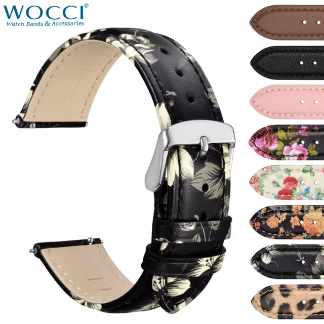 WOCCI Women Flower Watch Band Genuine Leather Strap 18mm 20mm 22mm Quick Release