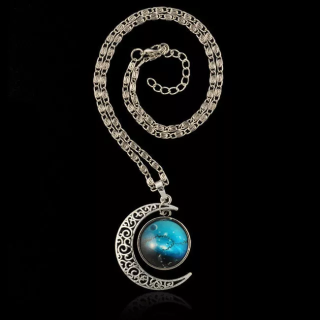 Colorful Galaxy Glass Hollow Moon Shape Pendant Silver Tone Necklace!