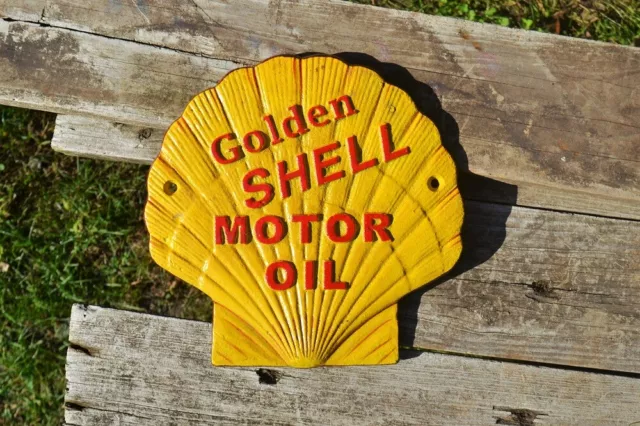 Golden Shell Motor Oil Pecten Embossed Cast Iron Metal Sign - Gas Station Plaque