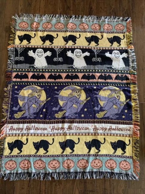 Vintage Halloween Throw Blanket Tapestry Ghosts Bats Witches Pumpkin Cats 56x45