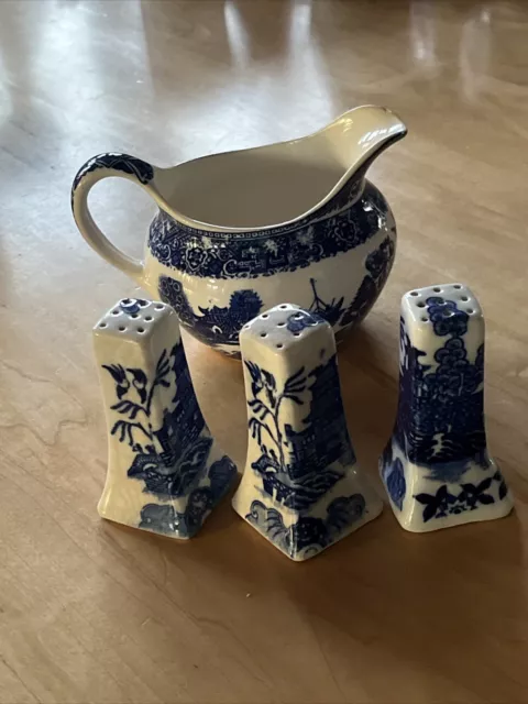 Vintage House of Blue Willow China, creamer, salt & pepper shakers