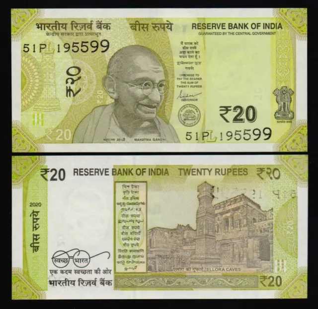 India:  B299b P#new 20 Indian Rupees 2020 Uncirculated Banknote.