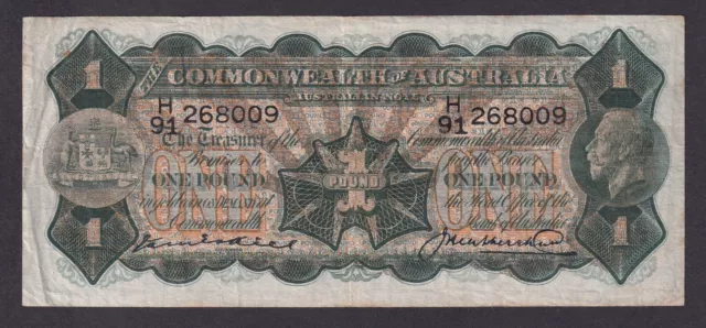 R25 One Pound Kell/Heathershaw VF Prefix H/91 Australia 1927 £1 Pre-decimal Note