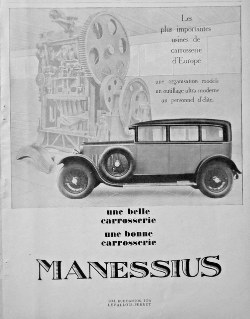 Publicité De Presse 1927 Carrosserie Automobiles Manessius