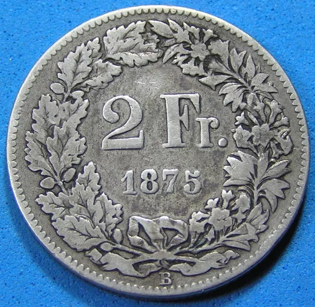 Switzerland 2 Francs .835 Silver Coin 1875-B, KM-21