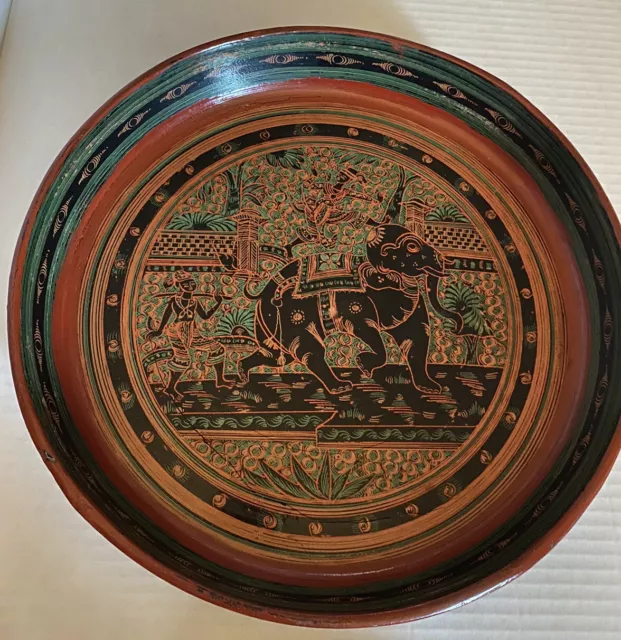 Antique Burma Tray Red/black/green Lacquer- w/painted Elephant. Excellent