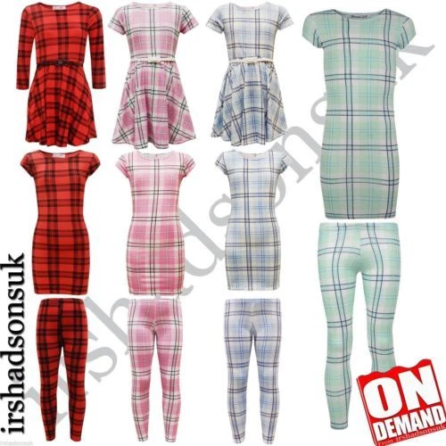Bambine New Stagione Tartan Quadri Legging Midi Skater Abito Gonna T Shirt Top