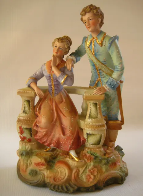 Large German / French Bisque Romantic Couple on Balcony Figural Group - 11.5" H.