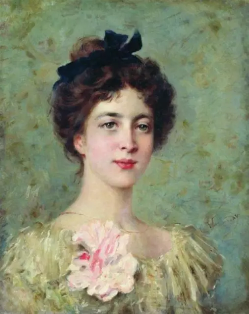 Large Handmade Oil Painting Portrait of the Young Lady with Pink Bow on Canvas