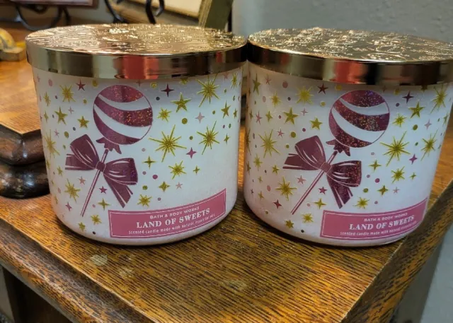 TWO Bath & Body Works SUGARED POMEGRANATE LAND Of SWEETS 3-Wick CANDLES 2022 NEW