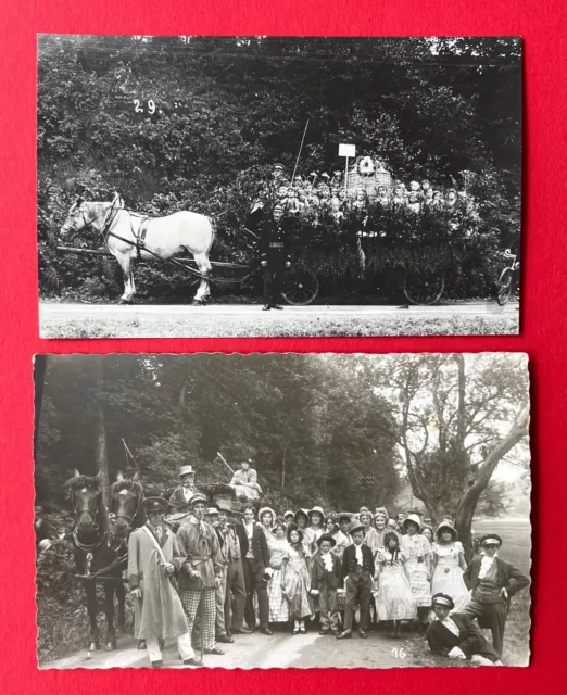 2 x Anlass Foto AK FREIBERG um 1930 Festumzug mit Pferdefuhrwerk Typen ( 140176