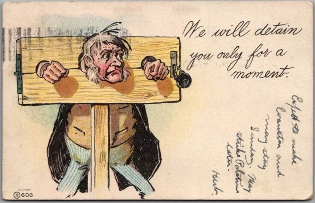 1905 Comic Postcard Man in Stocks "We Will Detain You Only for a Moment"